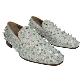 Christian Louboutin-Silver Metallic Glitter Spiked Loafers-Silvery,Metallic
