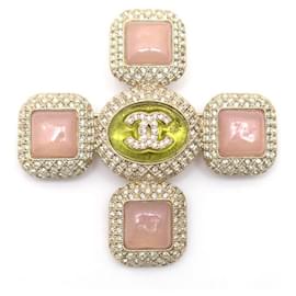 NEUF BROCHE CHANEL CROIX LOGO CC PATE DE VERRE STRASS EN METAL DORE BROOCH Doré