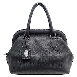 Fendi-SAC A MAIN FENDI SELLERIA ADELE 8BV127 CUIR GRAINE NOIR LEATHER HAND BAG-Noir