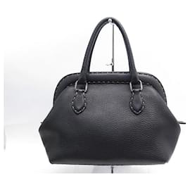 Fendi-SAC A MAIN FENDI SELLERIA ADELE 8BV127 CUIR GRAINE NOIR LEATHER HAND BAG-Noir
