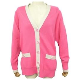 Chanel-NEUF PULL CHANEL CARDIGAN LONG GILET P53235 L 42 EN CACHEMIRE ROSE SWEATER-Rose