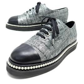 Chanel-NEW CHANEL LACE UP PERLES G SHOES32357 40.5 GRAY CANVAS + BOX SHOES-Grey