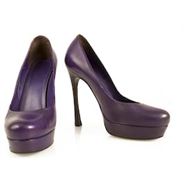 Yves Saint Laurent-Yves Saint Laurent YSL Tribute Zapatos de tacón de plataforma con punta redonda de cuero morado 37-Púrpura