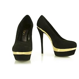 Rodo-RODO Black Suede Gold Plataforma Bombas de salto agulha sz 36.5 Sapatos w. Caixa-Preto