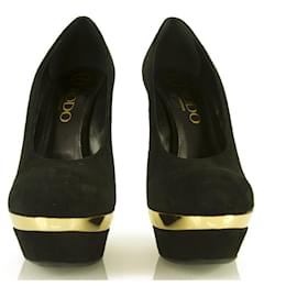 Rodo-RODO Black Suede Gold Plataforma Bombas de salto agulha sz 36.5 Sapatos w. Caixa-Preto