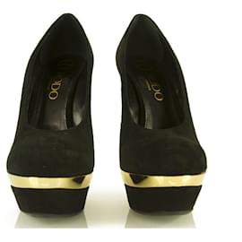 Rodo-RODO Black Suede Gold Platform Pumps Stiletto Heel sz 36.5 Shoes w. Box-Black