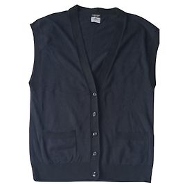 Chaleco Chanel Uniform azul borde negro botones Camelia Negro Azul marino