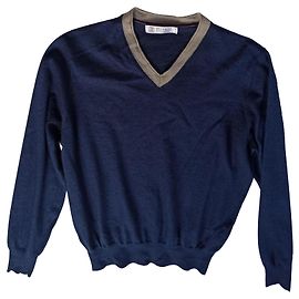 Pull Brunello Cucinelli bleu en cachemire et soie col V gris Bleu