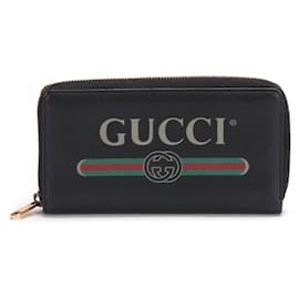 Gucci-Gucci Logo Leather Long Wallet in black calf leather leather-Black