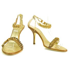 Roberto Cavalli gold & tan leather chain sandals slides ankle strap sz 37 Golden
