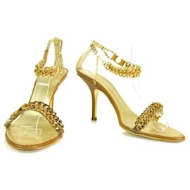Roberto Cavalli-Roberto Cavalli gold & tan leather chain sandals slides ankle strap sz 37-Golden