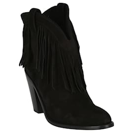 Saint Laurent-Western Fringed Ankle Boots-Black