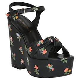 Saint Laurent-Floral Platform Leather Wedges-Black