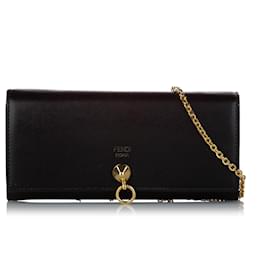 Fendi-Fendi Black By The Way Leather Wallet on Chain-Black,Golden