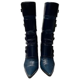 Jimmy Choo-Jimmy Choo Pointy Toe Leather Zip Up Boots in Blue Leather-Blue