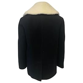Burberry-Manteau à boutonnage doublé Burberry avec col en peau de mouton en laine noire-Noir