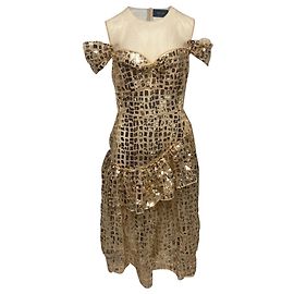 Simone Rocha – Gerüschtes Pailletten-Maxikleid aus Gold-Polyester Beige