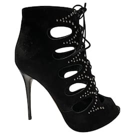 Alexander Mcqueen-Alexander McQueen Cut Out Studded Lace Up Boots in Black Suede-Black