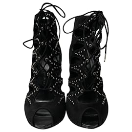 Alexander Mcqueen-Alexander McQueen Cut Out Studded Lace Up Boots in Black Suede-Black