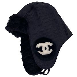 Chanel black shearling mouton aviator hat Black