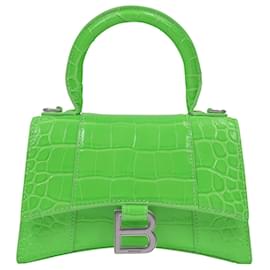 Balenciaga-Bolso Xs con asa superior Hour en piel de becerro cocodrilo en relieve brillante verde fluo-Verde