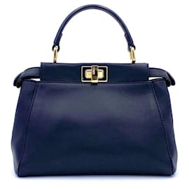 Fendi-Mini sac Fendi Peekaboo en cuir noir avec grand ornement pyramide et sphère-Noir