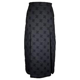 Fendi-Fendi Karligraphy long skirt in black denim with velvet logo-Black