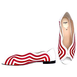 Fendi Wave peeptoe flats in white leather with red stripes Red