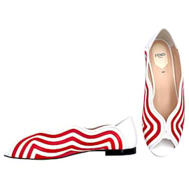 Fendi-Fendi Wave peeptoe flats in white leather with red stripes-Red