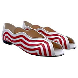 Fendi-Fendi Wave peeptoe flats in white leather with red stripes-Red