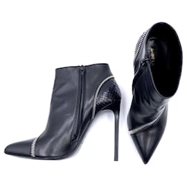 Saint Laurent-Saint Laurent ankle boots in black leather with zip & snake-print trim-Black