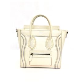 Mala Céline Nano em couro creme com vermelho, guarnição de ponto amarelo e azul Branco Cru