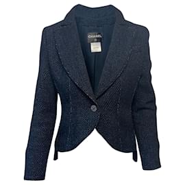 Chanel-Chaqueta Chanel de botonadura sencilla en tweed azul-Otro