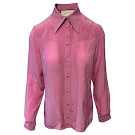 Gucci-Camicia a maniche lunghe plissettata Gucci in seta rosa-Rosa