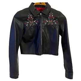 Kenzo Jeans black leather jacket with embroidery Black