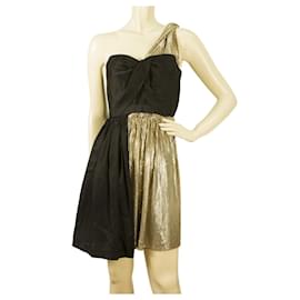 Whistles-Whistles Black Gold Paneled One Shoulder Draped Mini Dress size UK 10 eu 38-Black,Golden