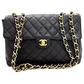 Chanel-Chanel Jumbo caviar 11" Grand sac à bandoulière en chaîne à rabat matelassé noir-Noir