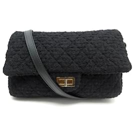 Chanel-Chanel Handtasche 2.55 GROSSE GM BLACK TWEED BANDOULIERE SCHWARZE HANDTASCHE-Schwarz
