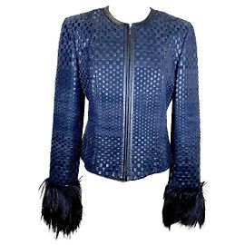 Armani Collezioni leather jacket in black leather and  & navy suede weave with fur trim Black