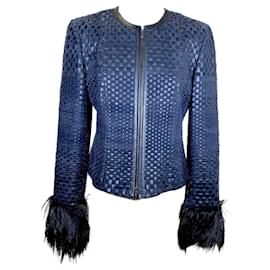 Armani-Armani Collezioni leather jacket in black leather and  & navy suede weave with fur trim-Black