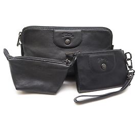 NEW LOT 3 LONGCHAMP PIECES LE PLIAGE IN BLACK LEATHER COIN POUCH Black