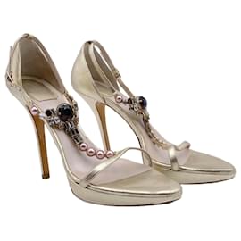 Dior-Dior evening sandals in champagne gold matt leather with large crystals-Golden,Metallic