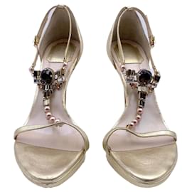 Dior-Dior evening sandals in champagne gold matt leather with large crystals-Golden,Metallic