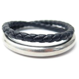 CHRISTOFLE DUO COMPLICE lined TOUR T BRACELET1 SOLID SILVER & BRAIDED LEATHER Blue