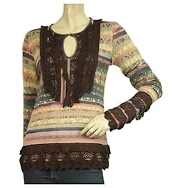 Christian Lacroix-Christian Lacroix Multicolor Top w. Suéter de lã com babados em malha de crochê tamanho XL-Multicor
