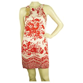 Tibi-Tibi mini vestido de verano de seda sin mangas floral blanco y rojo- Sz 4-Blanco,Roja