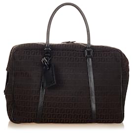 Fendi-Fendi Brown Zucchino Canvas Travel Bag-Brown,Black,Dark brown