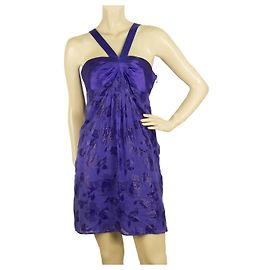 Mini vestido sem mangas Tibi Silk Floral Daisies Jacquard Roxo Y com decote em Y -SZ 4 Roxo