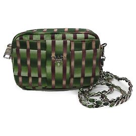 [Used] Prada Satin Ribbon Chain Shoulder Bag Striped Mini Shoulder Mini Bag Green