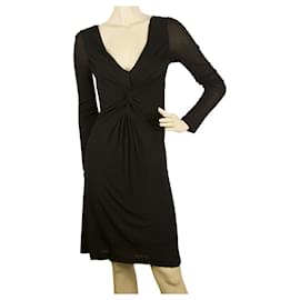 Etro-ETRO Schwarzes, knielanges, gerafftes Kleid aus Viskose mit langen Ärmeln Gr 40-Schwarz